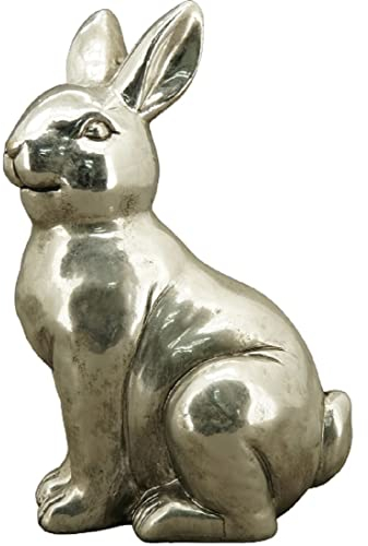 ETC putziger origineller sitzender Osterhase Silber antik matt-glänzend ungleichmäßige Oberfläche (groß Blick nach Links)