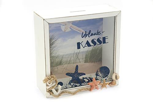 Spardose - Urlaubskasse - Sparbüchse Urlaub Reisekasse Sparschwein Geldgeschenk aus Holz mit sommerlichen Hintergrund 15 * 15 * 6cm