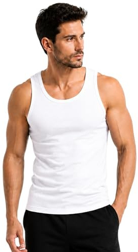 Men's 100% Cotton Singlet Sleeveless Vests Bodybuilding Training Gym Tank Tops Basic Plain Colour Casual Undershirt (XL, White)