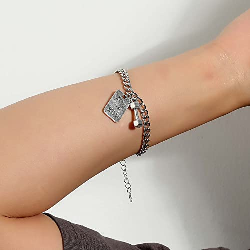 Yienate Kreatives Gym Hantel Armband Silber Handkette YOU VS YOU Selbstdisziplin Fitness Hand Ring Handgelenk Kette zierlich spirituelles Armband Schmuck Geschenke für Frauen Mädchen