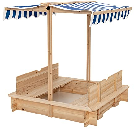 DREAMADE Sandkasten aus Massivholz, Sandkiste mit verstellbarem Sonnendach & Sitzbänken, Sandbox für Kleinkinder, für Garten, Terrasse, Strand, Outdoor