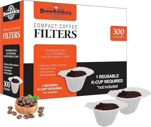 Brew Addicts 300 Disposable Compact Paper Coffee Filters – Compatible with Keurig Brewers & K-Cup Reusable Pods, Single-Use Compact Design