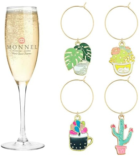 MONNEL P533 Assorted Potted Plants Cactus Wine Charms Glass Markers Tags for Party Decorations with Velvet Bag- Set of 4
