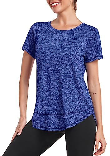 Deaviya Sport T-shirt, dam, kortärmad tröja, kvinnor, träningstoppar rund hals, atletisk ledig, löpning, yoga, fitness, t-shirts, löst te, Mörkblå, M