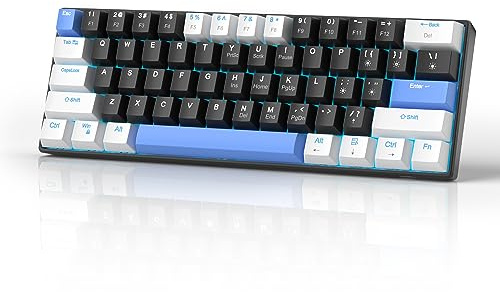 MageGee 60% Mechanical Gaming Keyboard, STAR 61 Compact Blue LED Backlit Wired Keyboards with Hot-Swappable Red Switch, Portable Full Keys Anti-ghosting Gaming Keyboard - White & Black