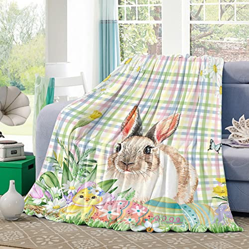 Überwurf Decke Frühlings-Osterhasen-Küken-Blumen-Farbiges Streifen-Büffel-Gitter Leichte Couchdecke Universale Überwurfdecke Für Couch Reise Geschenke 50x40