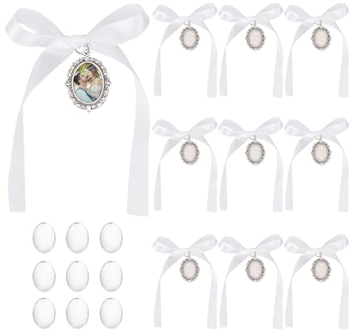 PH PandaHall Blumenstrauß Foto Charm - Ovaler Brautstrauß mit Antik Silber Spitzen Engel - Hochzeitsgedenk-Erinnerung mit Satinband und Glasperlen