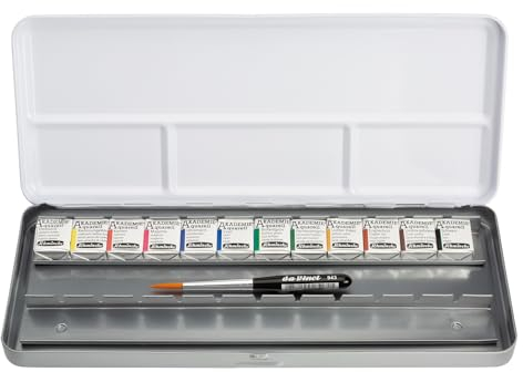 Schmincke – AKADEMIE Aquarell Farbkasten, Grundsortiment 12 x 1/2 Näpfchen + Pinsel 75 775 097