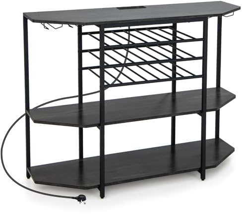 TANGZON Wine Bar Cabinet, 21 Bottle 3-Tier Wine Rack Table with 2 AC Outlets, 2 USB Ports, Glass Holders & Anti-tipping Device, Freestanding Home Bar Drinks Storage Sideboard Unit (Grey)