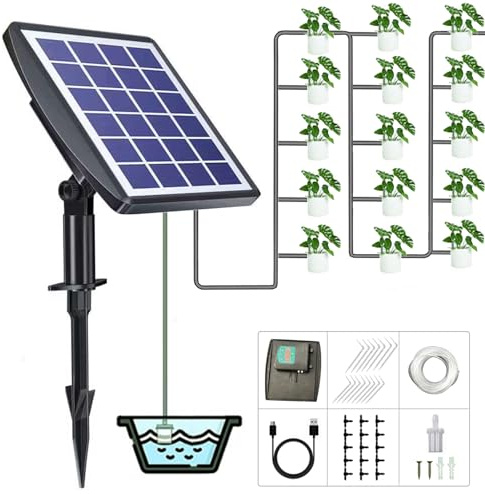 Solar Bewässerungssystem Garten Zimmerpflanzen von Solarbetriebenes,Automatische Bewässerung Gartenbewässerung Balkon Tröpfchenbewässerung mit Wassersensor und Timer Selbstbewässerungsgeräte (15)