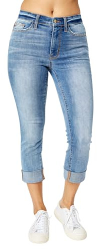 Judy Blue Mid Rise Cuffed Skinny Capri Jeans (US, Numeric, 11, Regular, Regular, Blue)