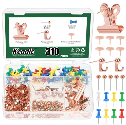 Keadic 310Pcs 5 Stil Stecknadel Sortiment Set mit Aufbewahrungsbox, Korkbrett Daumennägel dekorative Bulletin Board Pushpins Bild hängende Pin für Home Office Schule Wand (Rose Gold)
