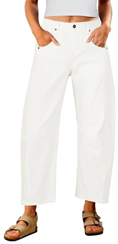 Utyful Barrel Jeans Women Cropped Baggy Trendy High Waisted Distressed Loose Stretch Denim Trouser Jeans with Pockets, Cream White, Large