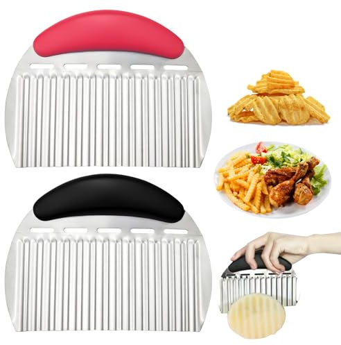 2 PACK Large Crinkle Cutter French Fry Cutter, Stainless Steel Wavy Slicer Crinkle Cutting Chopping Tools with Handle for Carrot Vegetable