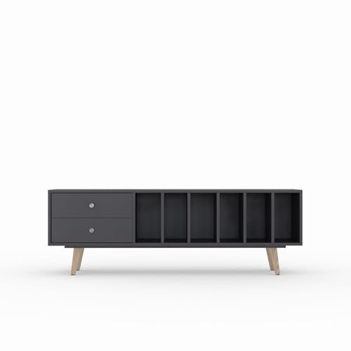 TV Schrank MARIGOLD, lackiert NCS 8005r50b Dunkelviolett, Violett schwarz, Violett schwarz, Vinyl und Plattenspieler 2 Schubladen, skandinavisches Sideboard, 180 x 56 x 43 cm