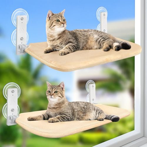 GUUSII HOME 2 st kattfönstersäng hängmatta fönster kattsäng fönsterbräda kattsäng hopfällbar fönsterstol trålös hängande kattsäng med starka sugkoppar 52 * 30 cm rymmer 25 kg (Beige, M)