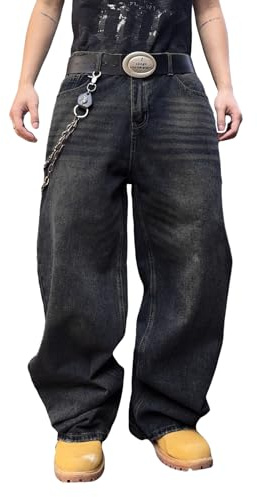 DFGIGT Jeans Larghi da Uomo, Stile Hip Hop, a Gamba Larga, in Denim, Pantaloni Lunghi, B14 Nero, M