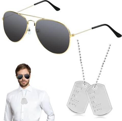 Flieger Captain Kostüm Set 2PCS Flieger Verkleidung Accessoires Sonnenbrille Fliegerbrille und Erkennungsmarke Kette Metall Hundemarke Halskette Tag Anhänger für Erwachsene Karneval Cosplay (Gold)