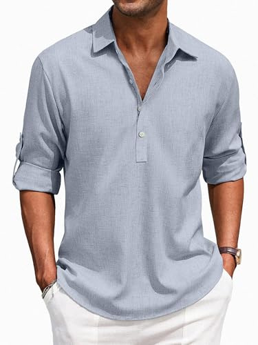 Puimentiua Leinenhemd Herren,Langarm Leinen Hemden,Loose Fit Sommerhemd,Leichte Sommer Hemd mit Knöpfe (Himmelblau,XL)