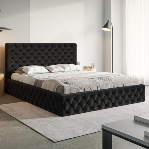 MOTIVENA Dalia Chesterfield Bett 200x200 Schwarz Samt, mit Stauraum, mit Kopfteil, mit Lattenrost, ohne Füße, ohne Matratze, Chesterfield Polsterbett 200x200 mit Bettkasten Schwarz