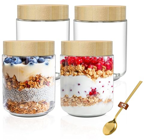 Yoassi Set di 4PZ Barattoli da 500ml per Avena con 2 Cucchiai,Barattoli di Vetro con Coperchio in bambù per Cibi Alimenti,Contenitore Ermetico per Yogurt Frutta Cereai Aveba Dolci, Overnight Oats Jar