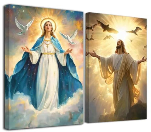 ZXHYWYM 2 Stück Jesus und Jungfrau Maria christliches Bild Wanddekoration Friedenstaube Gemälde Leinwanddrucke Religionsplakate für Wohnzimmer Schlafzimmer Bürodekoration ((28x35cmx2 Teilig))