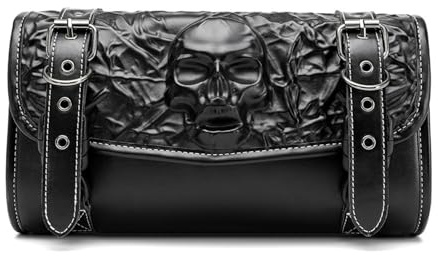 Generisch Motorrad Satteltasche PU Leder 3D Totenkopf-Design Vintage-Stil Wasserdicht mit Werkzeugrolle Universal Lenkertasche Roll Satteltaschen mit Schloss