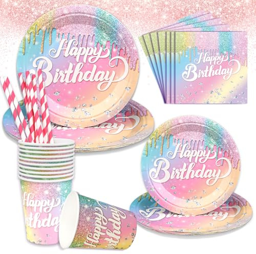 60 Stück Regenbogen Geburtstagsdeko Partygeschirr Set, Geburtstag Party Deko Kindergeburtstag, Pappteller Geburtstag Set für 10 Gäste, für Regenbogen Thema, Geburtstagsparty, Dusche, Dekoration