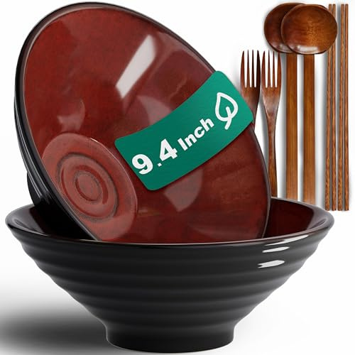 9.4 Pulgadas Juego De 2 Cuencos De Ramen De Cerámica (8 Piezas), Con Tenedor Palillos Chinos y Cuchara Cuenco Japonés para Sopa de Fideos Ensalada Ideal para Regalo Apto Lavavajillas y Microondas