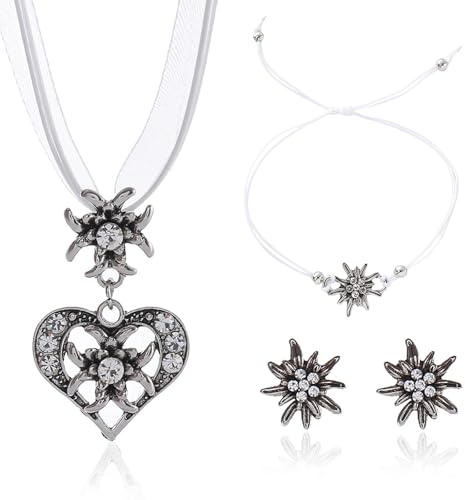 FloralGrace 4 Stück Trachtenschmuck Set Bayerisch Dirndlschmuck Trachtenkette mit Strass Edelweiß Herz Anhänger,Armband und Ohrstecker für Damen Bierfest Trachten Dirndl Outfit(Weiß)