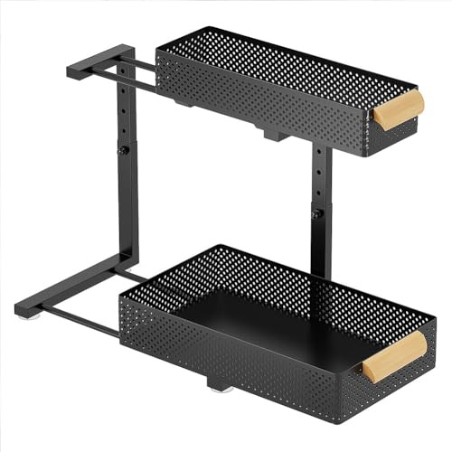 Thaookte Organisateurs de rangement et d'organisation sous évier de cuisine, 2 niveaux réglables en hauteur, organiseur de rangement sous évier, étagères de tiroir coulissantes en acier au carbone