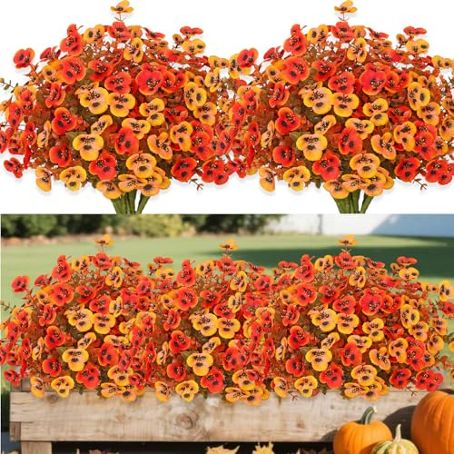 DEMIUKO 10 Bündel Herbst Kunstblumen für Draußen Blume Herbstdeko Herbstblumen Künstlich Herbststrauß Herbstpflanze Herbstzweige für Innen Draußen Balkon Fenster Hochzeit Garten Tisch Deko, Orange