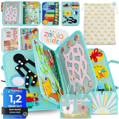 zoula kidz® Busy Board Montessori Spielzeug ab 3 Jahre, 6 Spielseiten | Quiet Book aus Filz mit Alpaka-Fell, Motorikspielzeug, Reisespielzeug inkl. Transportbeutel, Activity Board, Note 1,2