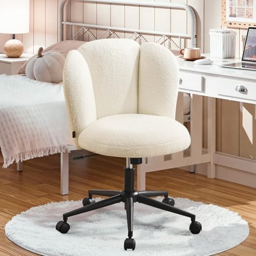 Ckaff Homeoffice Stuhl Schminkstuhl, Schreibtischstuhl Bürostuhl Blütenblatt-Rückenlehne 360° Drehbar Höhenverstellbar aus Boucé Stoff für Homeoffice,Arbeitszimmer Schlafzimmer, Weiß