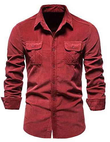 Camisa de pana para hombre, camisa de ocio, corte ajustado, camisa de manga larga, estilo vaquero, camisa de negocios, cuello Kent, informal, solapa, monocolor, camisa de pana con dos bolsillos