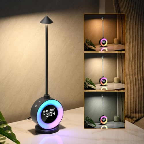 Morwealth LED Nachttischlampe Dimmbar mit uhr, LED Tischlampe mit Uhr/Wecker/Schlummerfunktion/RGB Nachtlicht, mit 7 Schlafgeräusche Schreibtischlampe für Schlafzimmer,Wohnzimmer