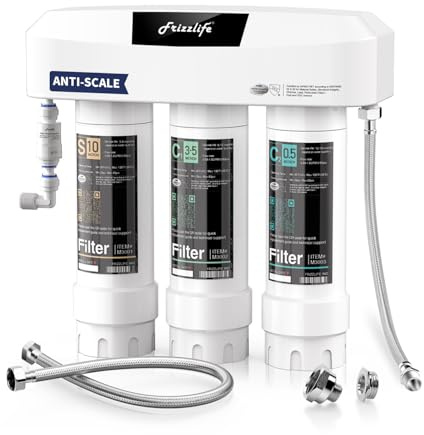 Frizzlife SK99 Untertisch Wasserfiltersystem, 3-stufiger 0,5 Mikron Filter gegen Chlor & Blei, NSF/ANSI 42&53 zertifiziert, Anti-Kalk-Technologie verlängert die Filterlebensdauer