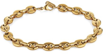 HZMAN Coffee Bean Bracelet for Men, 7mm Wide 8.5 Inch Stainless Steel Link Chain, Gift for Men, Gold, Silver, Two-Tone