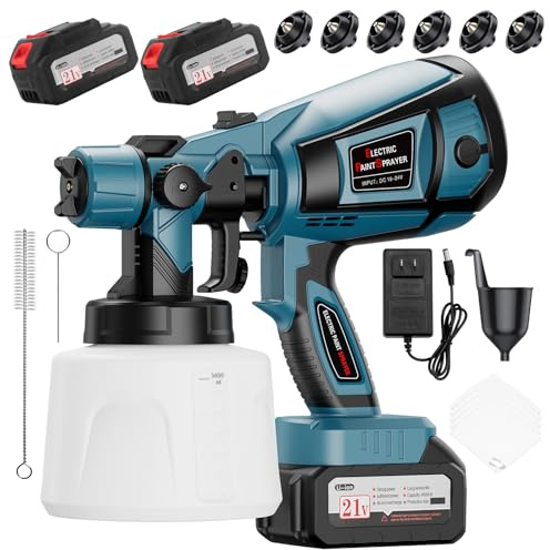 Paint Sprayer, 650W Cordless with 2 X 4000mAh 21V Battery, All Copper Motor 6 Nozzles & 3 Spray Modes, 1400ml Container, Paint Sprayer Gun for House Painting, Ideal for Fence Cabinets Wall