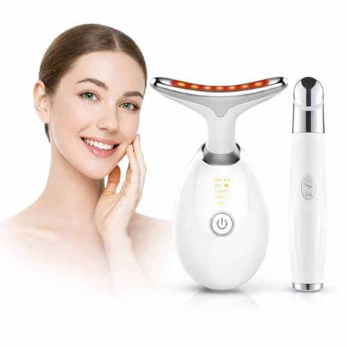 Dispositivo anti-rughe viso e collo 7 LED + massaggiatore oculare correttore | 3 modalità EMS e calore 45°C | Rides, tasche e occhiaie | Routine Bellezza Tecnologia LED | Dispositivo lifting viso