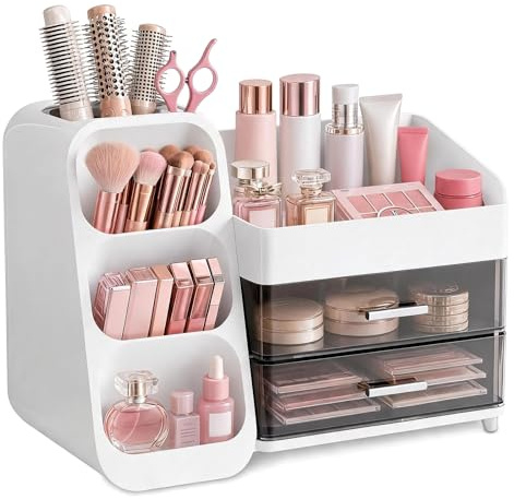 Euablfo Organisateur de maquillage, organisateur de coiffeuse, avec tiroirs, boîte de rangement 3 en 1, grande pour maquillage, maquillage, cosmétiques, soins de la peau, rangement de parfum
