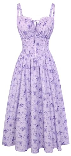 SCARLET DARKNESS Women Floral Corset Dress Summer Casual Milkmaid Sundress with Pockets Purple Purple Floral L