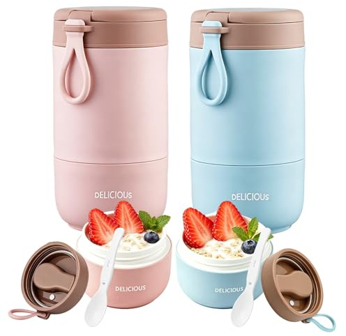 2 styck Müslibecher To Go med lock, 730 ml PP-material Havregrynskoppar Yoghurtbehållare to Go med sked, Müsli Cup to Go Becher, tvåskikts läckagefri inläggning Behälter Perfekt för arbete, skola