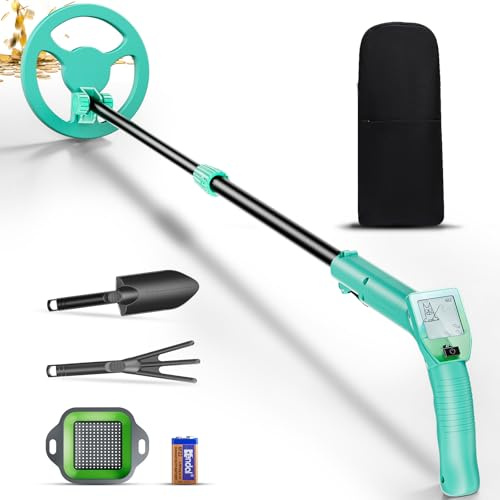 Detector Metales Niños, Ligero Detector de Metales para Niños con Mango Ajustable de 66-83CM, Pantalla LCD y Bobina de Búsqueda Impermeable, Alta Sensibilidad con Pala Rastrillo Tamiz Bolso(Verde)