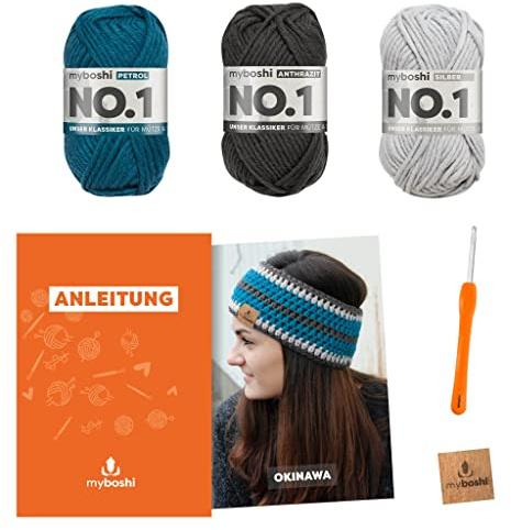 myboshi Häkelset Stirnband Okinawa, inkl. No.1 Wolle, Nadel und Anleitung, für Mützen und Strinbänder, Häkelpaket, 30% Merinowolle Blau, mit Rundstricknadel