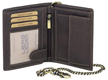 LEAS MCL Bikerkombibörse im Hochformat mit Kette Trucker Vintage-Stil in Echt-Leder, braun - LEAS Chain-Series