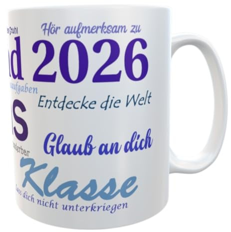 Kinderlampenland Namens-Tasse Schulkind 2023 zur Einschulung Jungen Sprüche blau inkl. Geschenkverpackung