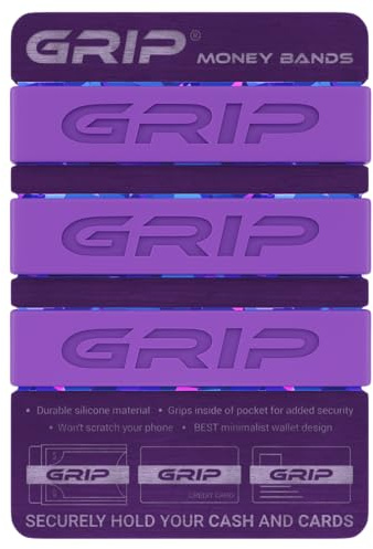 Grip Money Bands (Pack of 3) - PURPLE - Premium Silicone Band for Cash & Cards - Slim & Durable Design