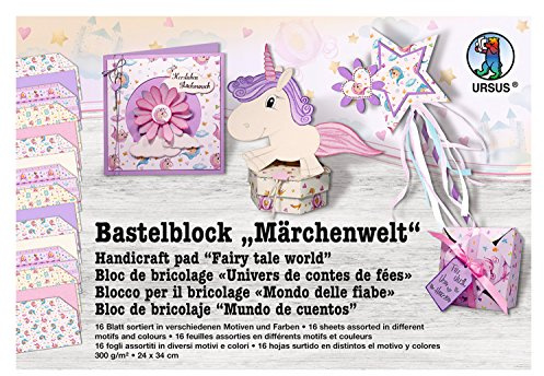 Ursus 12690008 - Bastelblock Märchenwelt, ca. 24 x 34 cm, 16 Blatt in verschiedenen Farben und Motiven, 300 g/qm, beidseitig bedrucktm aus Frischzellulose, ideale Grundlage für kreatives Basteln