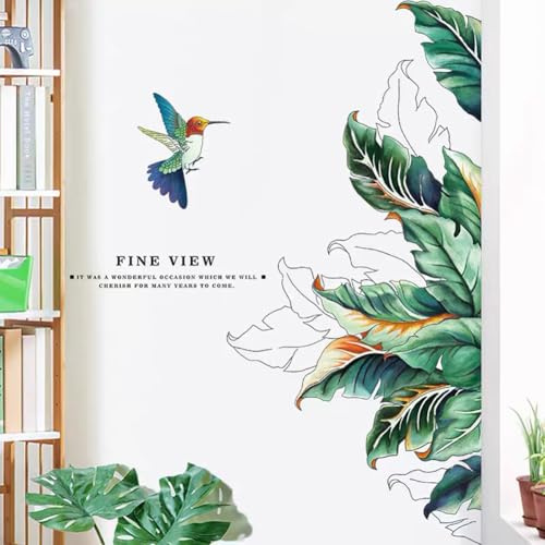 WandSticker4U®- [Vintage Style] Wandsticker PFLANZEN tropisch & KOLIBRI XXL (120×70 cm) I Wandtattoo Wohnzimmer modern Blätter grün groß Vogel I Wanddeko Schlafzimmer Erwachsene Badezimmer Küche Flur
